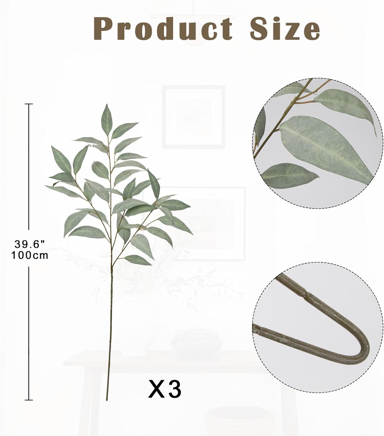 Briful Eucalyptus Stems 39.5 '' Tall, Artificial Branches for Vase Round Year Faux Greenery Stems Realistic Gray Eucalyptus Leaf Plant Sprays for Home Decor Indoor Party Wedding, Set of 3 - Image 2