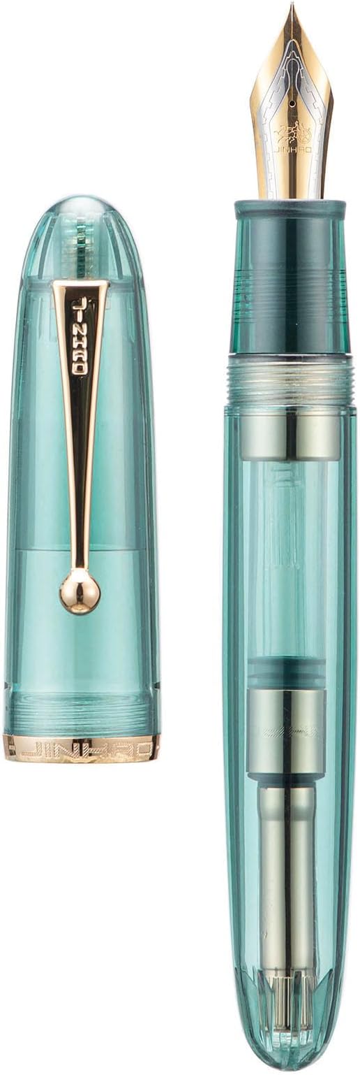 Jinhao 9019 Fountain Pen, Dadao Series #8 Medium Nib, Light Blue Transparent Acrylic Barrel with Golden Clip Big Size Writing Pen