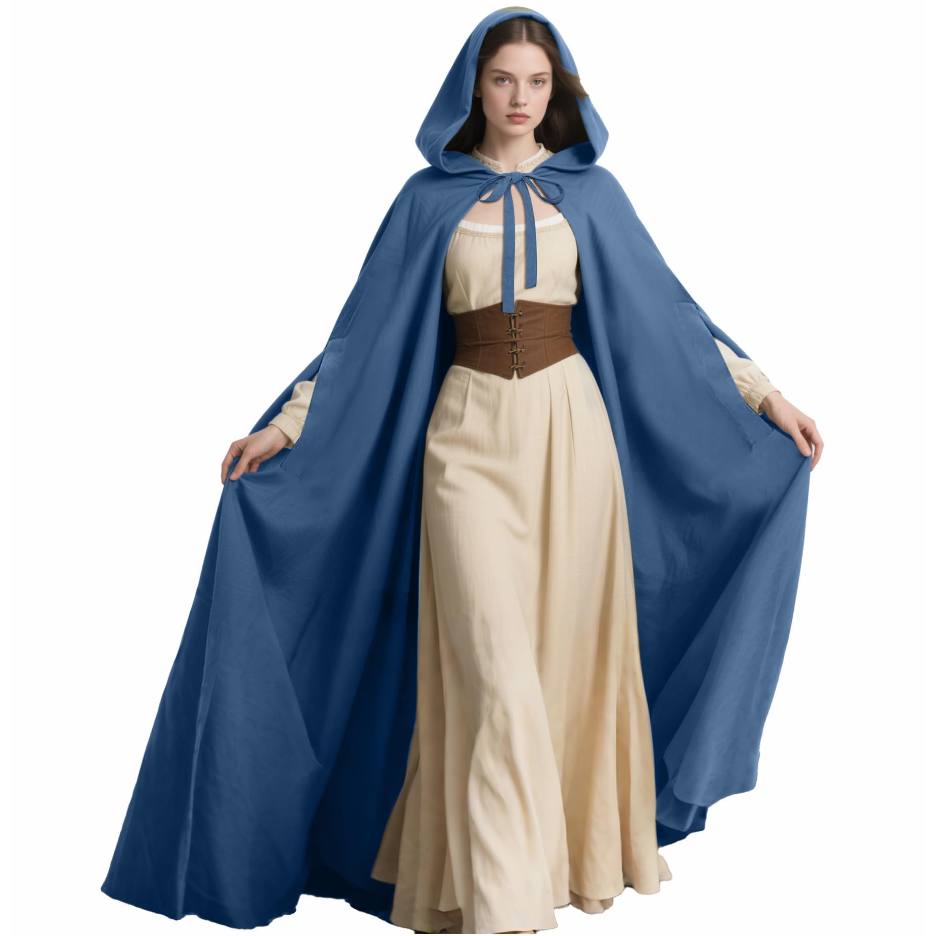 keland Capa renacentista con capucha para mujer, capa medieval con capucha y agujeros para las mangas para Halloween (Azul)