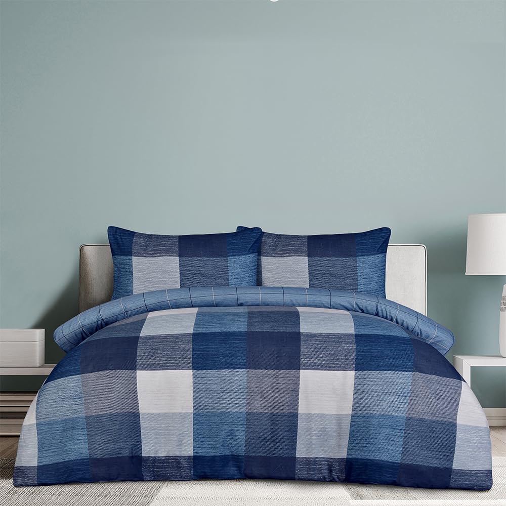 Luxury Blue Block Check Print Duvet Set, Premium Super Soft & Cosy Reversible 100% Microfiber Comfortable Quilted Bedding Set With Pillowcases, Single Size (135 X 200 CM)