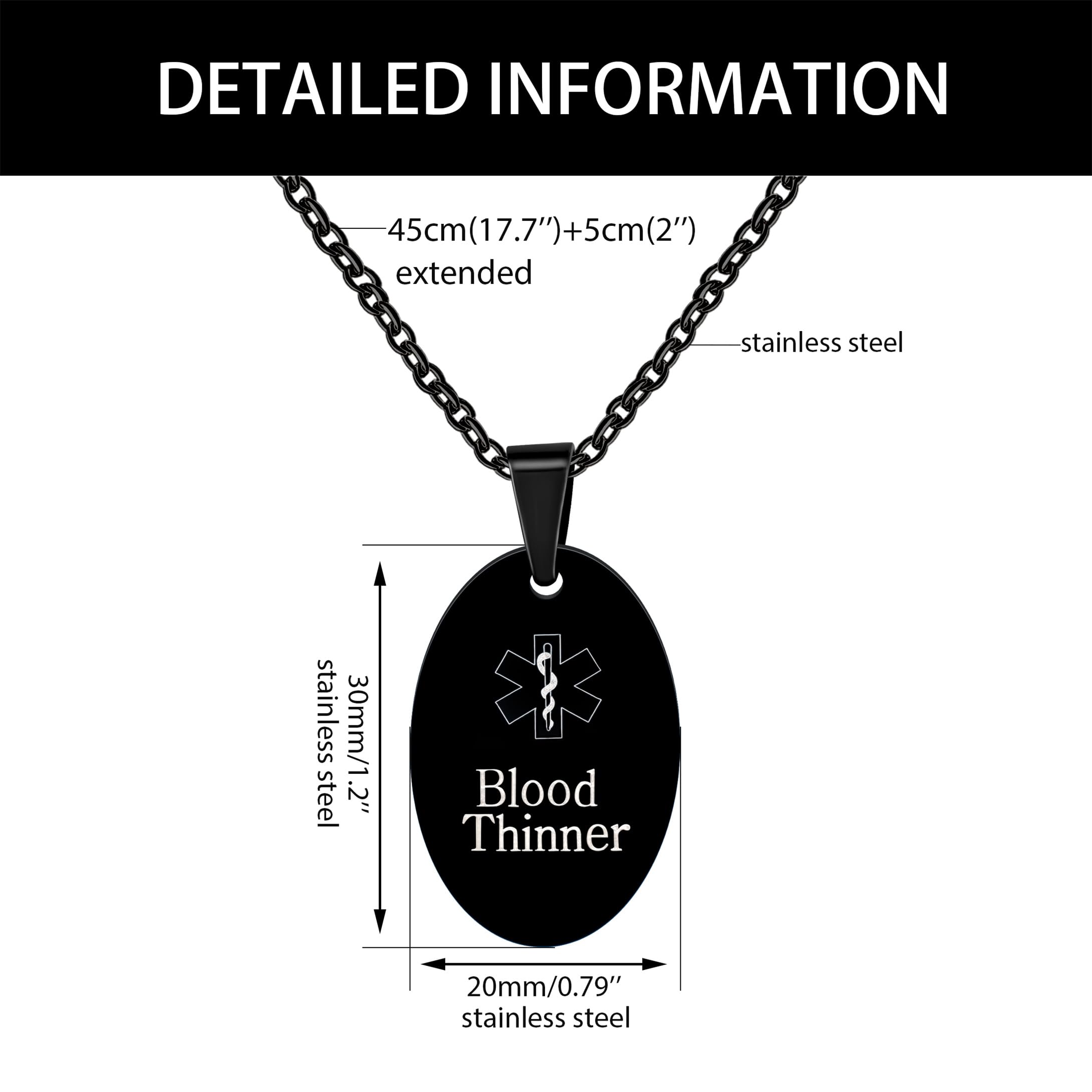 Mayfaith Blood Thinner Medical Necklace for Men and Women - Black Stainless Steel Emergency Necklace with Medical Emblem Serpent Symbol - Gifts for Family Friends?Black-Blood?
