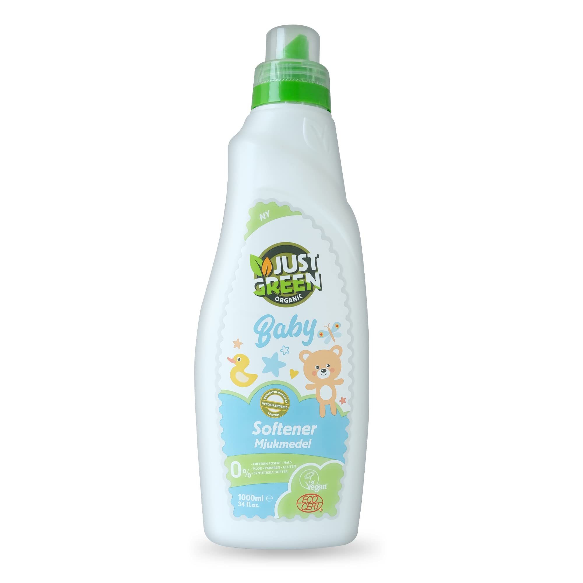 Just Green Organic Baby Laundry Softener 1000ml, Dermatologically Tested Hypoallergenic, Vegan Laundry Softener, No Chlorine & No Paraben & No Gluten, Recyclable Bottle