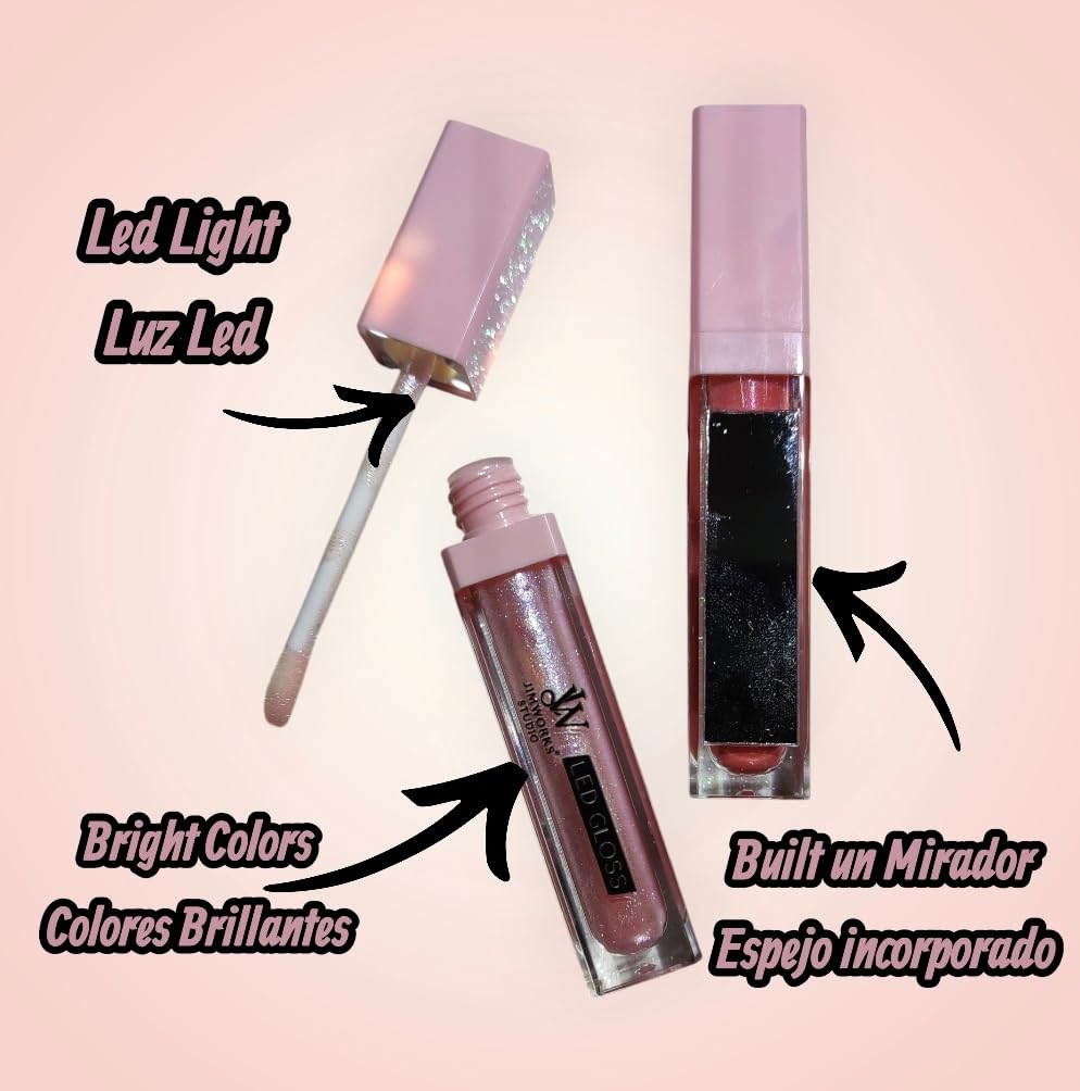 Labial Gloss Luz Led y Espejo Incorporado Glitter Vitamina E Aceite Jojoba Para Oscuridad Coche Disco