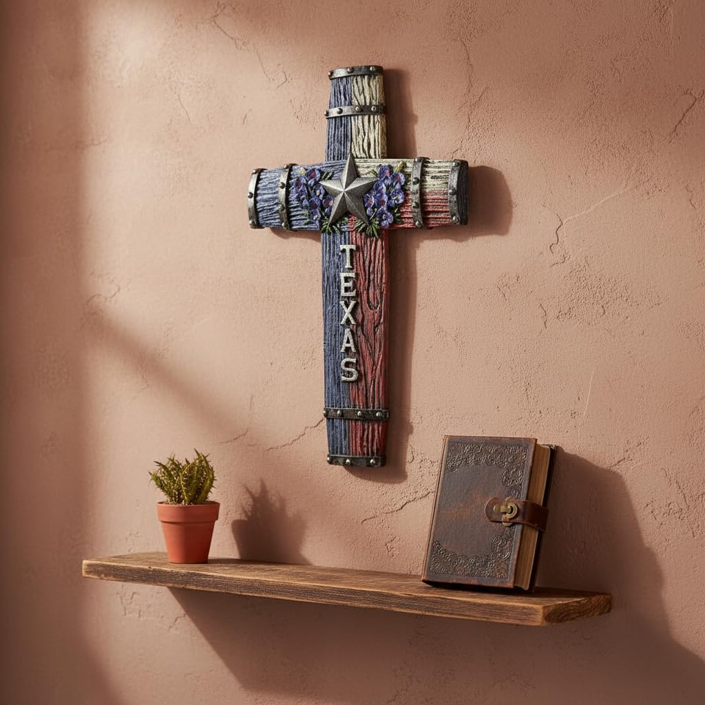 Comfy Hour 14" Lone Star Texas Cross for Wall, Decorative Western Style Religious Plaque with Bluebonnets, Artisan Crafted Wood Look Resin Sculpture, Lone Star State Home Decor, 1 Piece