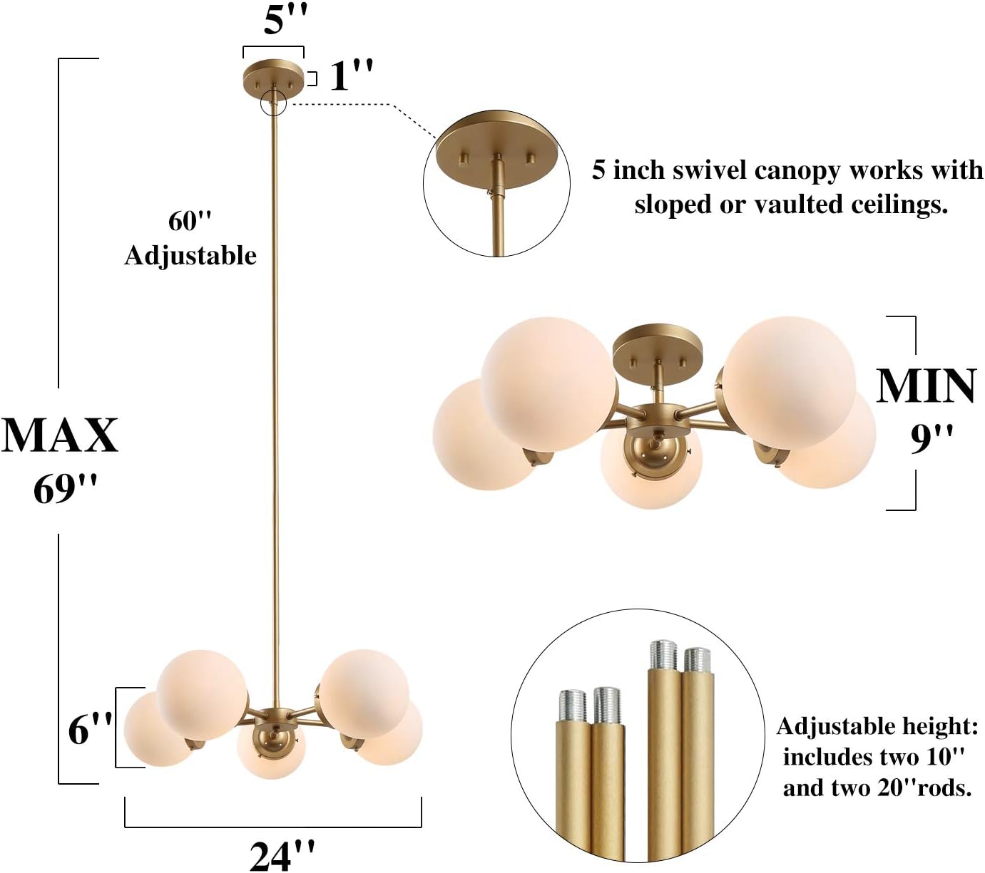 Uр Tо 40% оƒƒ KSANA Gold Chandelier, Modern Globe 5 Light Fixture for Dining & Living Room