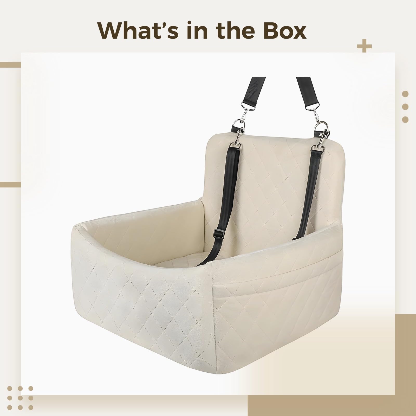 Velveteen - Asiento de coche para perros pequeños, elevador elevado para mascotas con lados altos, cinturón de seguridad y correa antideslizante, asiento delantero o trasero beige, soporte relajante