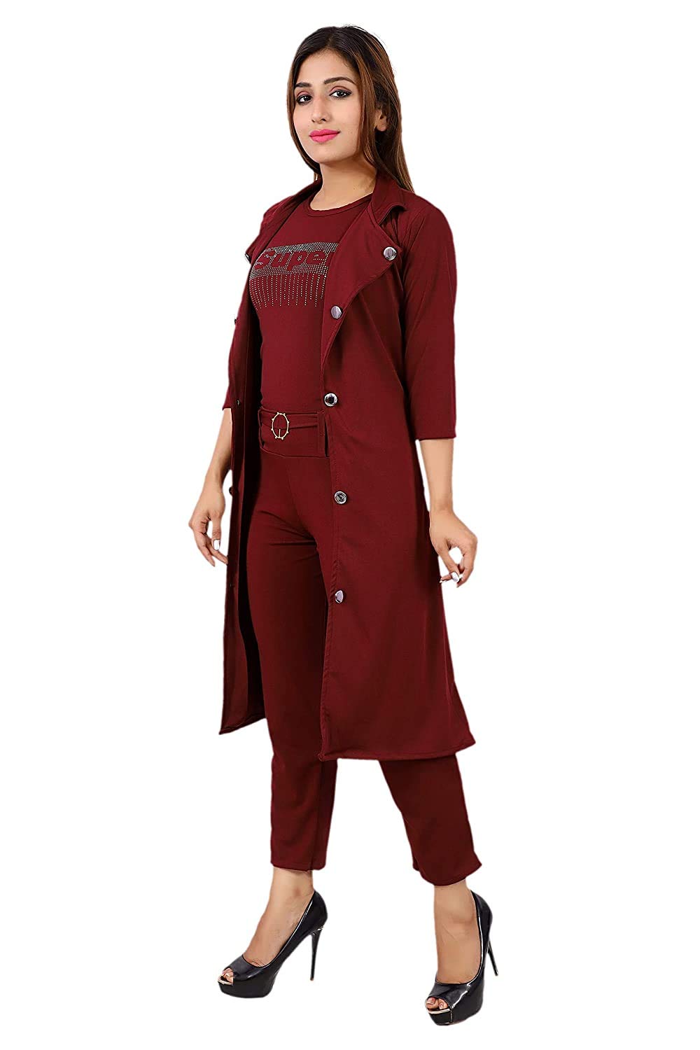GenericWomen's Three Piece Maxi Dress (1002_Maroon_Free Size)