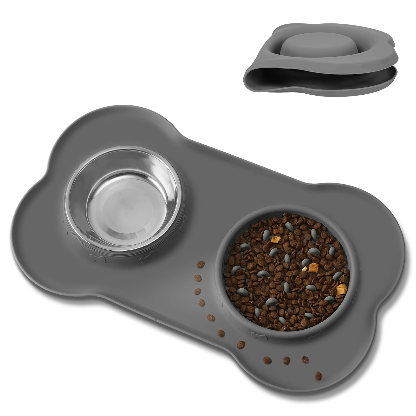 AUYAO Dog Bowls Silicone Slow Feeder Cat Bowls Non Spill Pet Water Bowl Non-Spill Dog Food Bowls Double Dog Bowl with Silicone Mat Durable Stainless Steel Water Food Pet Feeding Drinking Bowls(Gray)