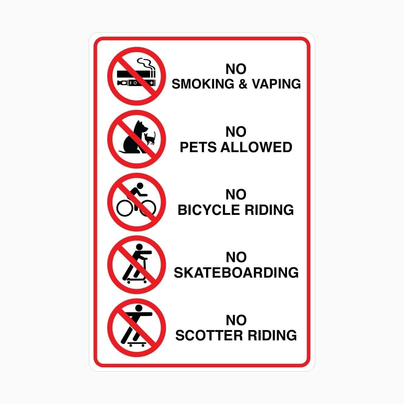 NO SMOKING, VAPING, BICYCLE RIDING, SKATEBOARDING AND SCOOTER RIDING Sign, 12x8 Metal Tin Sign, multi-rule prohibition plaque for public venues and community areas.