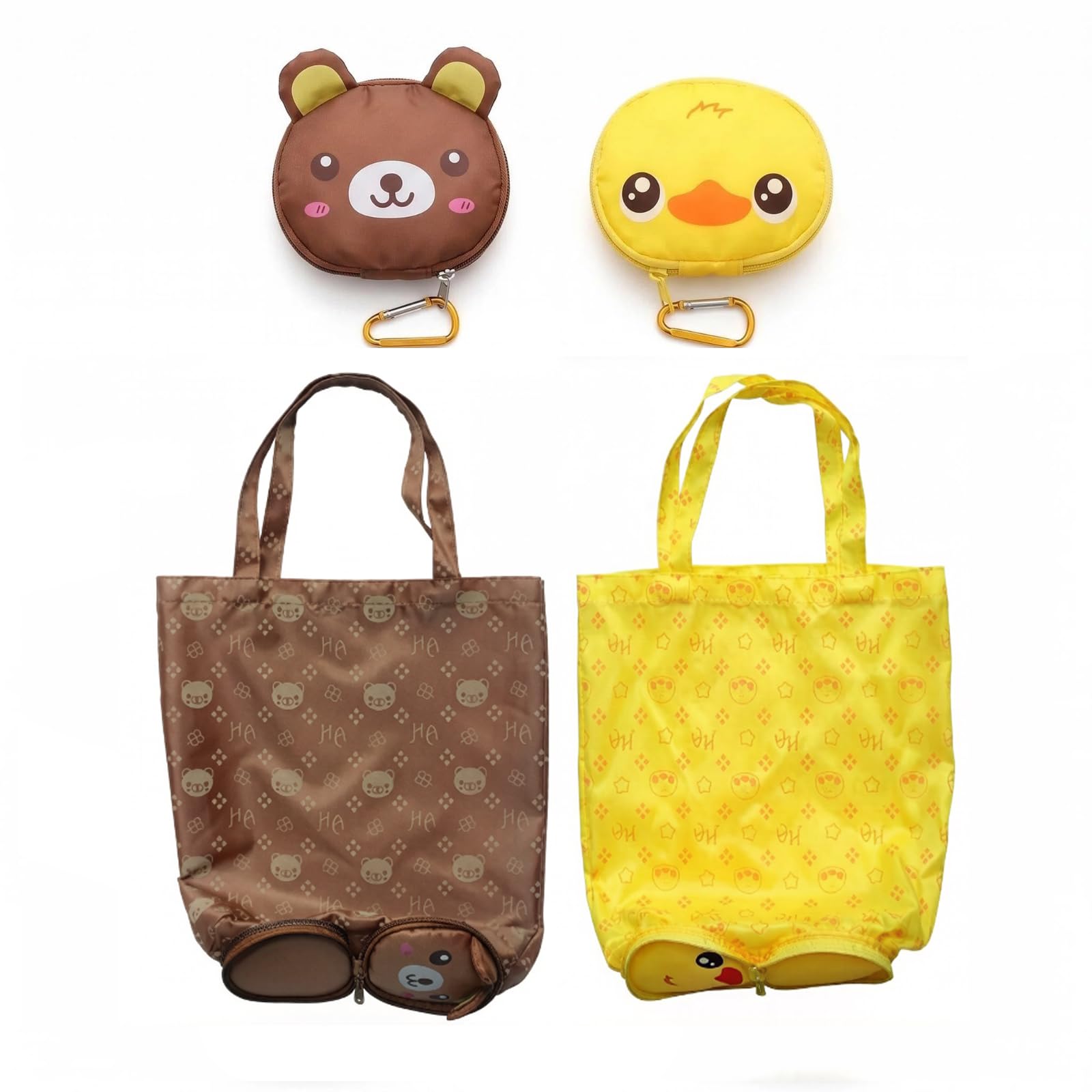 SINJAETRQ Foldable Shopping Bag 2 Pack, Cute Cartoon Animal Reusable Shopping Bags with Zipper, Lightweight Foldable Tote for Grocery Travel, Small Foldable Bag for Handbag, Travel & Home Organiser