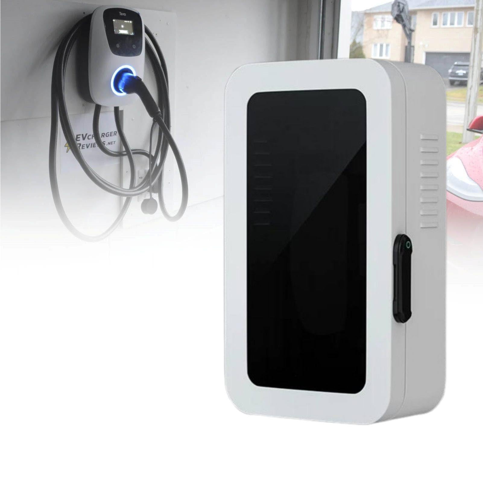 MhWrughts Outdoor Charging Station Enclosure for Tesla Wall Charger, EV Charger Lock Box with Combination Lock and Cable Storage for Garage Driveway Carport Use White-PasswordB