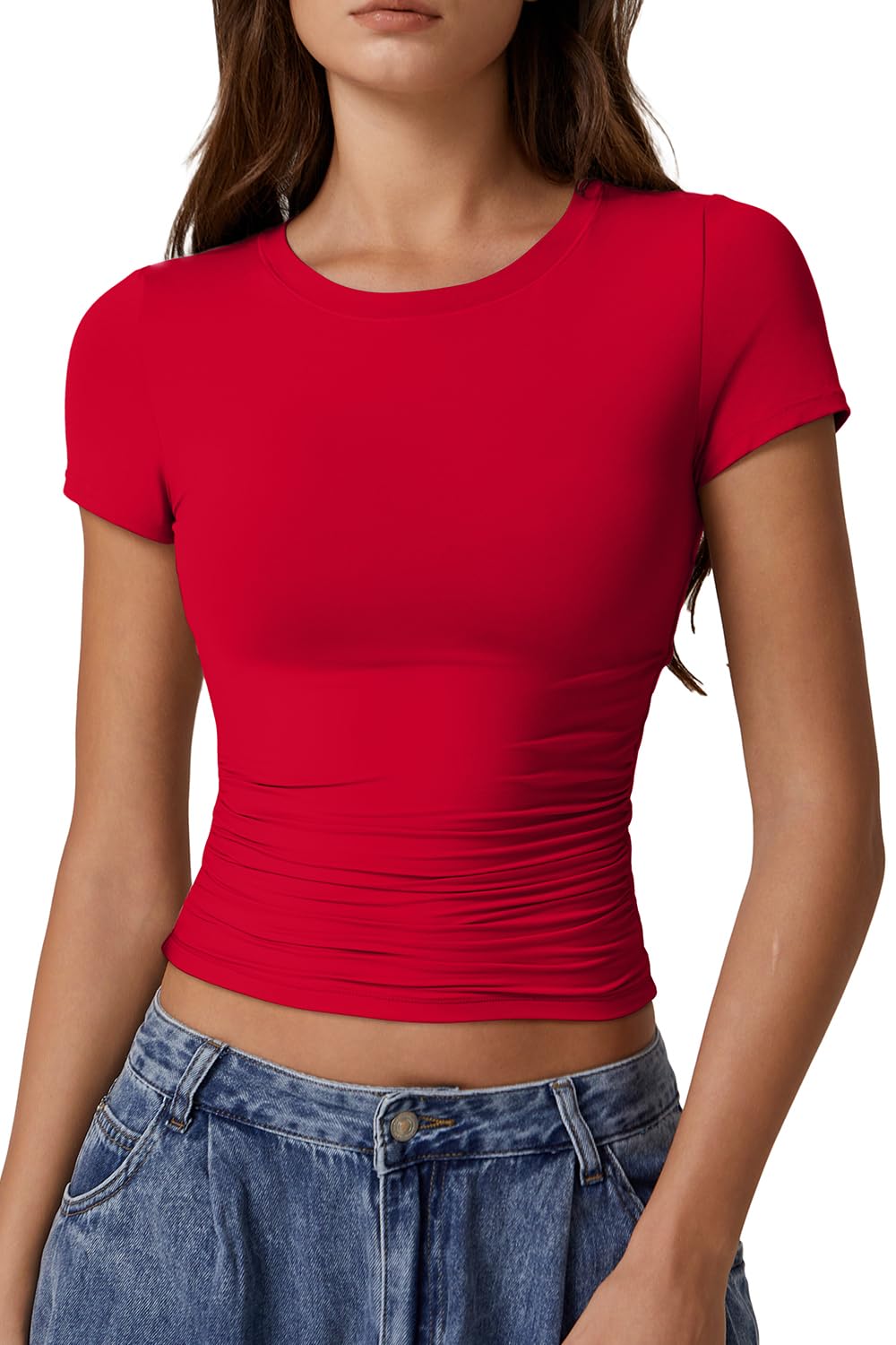 QINSEN Short Sleeve Shirts for Women Round Neck Basic Double Lined Tees Fitted Y2k Crop Tops