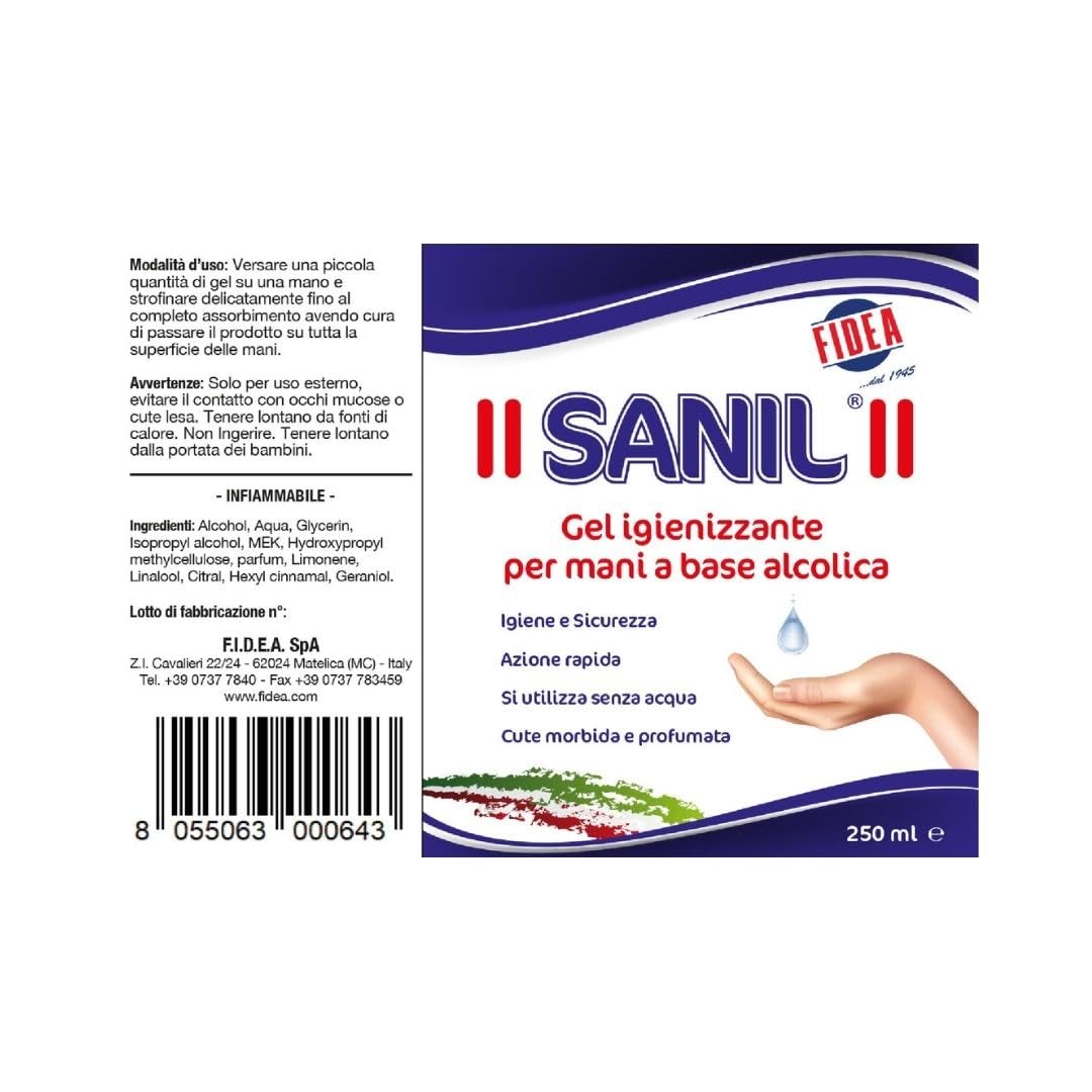 Fidea Sanil Gel Igienizzante Mani Professionale a Base Alcolica, Igiene Sicura e Profonda Senza Acqua, deterge a fondo la pelle - dermatologicamente testato (250 ml)