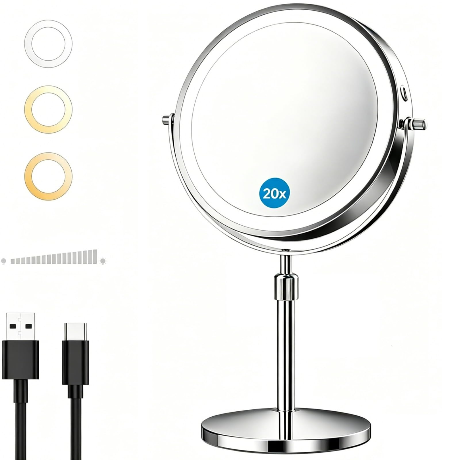 21,6 cm Make-up-Spiegel mit Lichtern, 1x/10-fach beleuchteter Vergrößerungsspiegel mit 3 LED-Beleuchtung, 3000 mAh wiederaufladbarer, doppelseitiger Kosmetikspiegel, höhenverstellbar und verstellbare