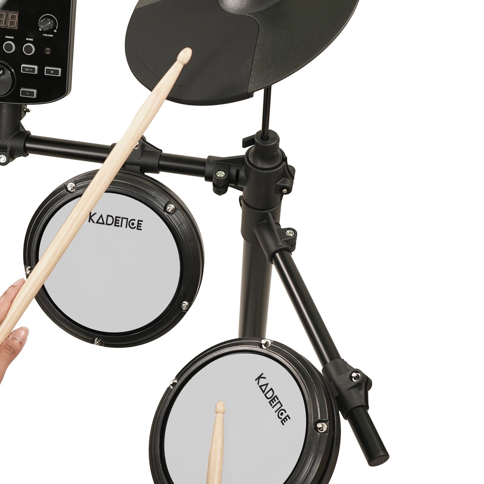 Kadence 7 Piece Electronic Drum Set, Electric Drum set for beginners with 4 quiet white mesh Drum Pads, Headphones, Drumsticks, 2 Pedals, Bluetooth And Led Display (MD200A) - Image 6 thumbnail