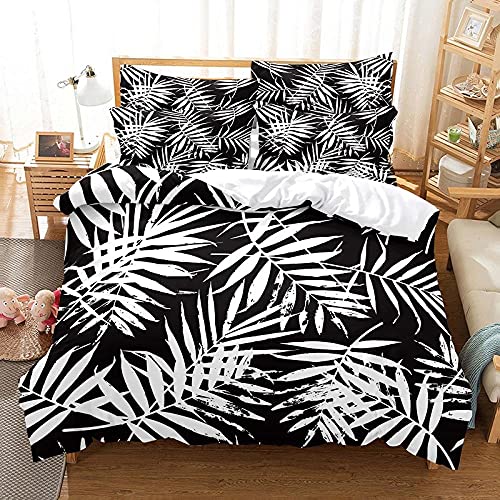 Parure de Lit 160x200 cm, Feuilles Noires et Blanches Imprimée 3D, Housse de Couette en Microfibre avec Fermeture éclair, pour Enfant Filles Garçons ( avec 2 Taie d'oreiller 65x65 cm ) Cover