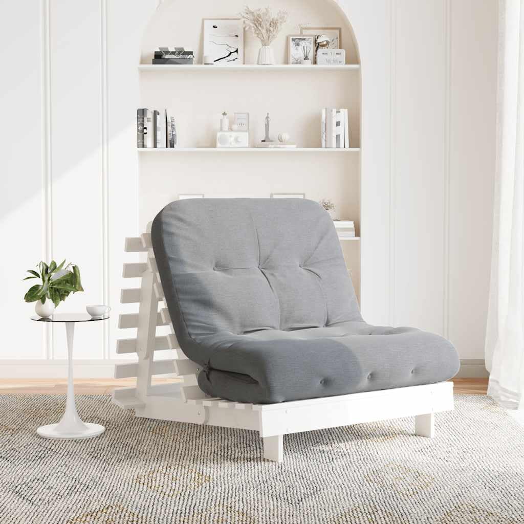 Futon sofa z funkcją spania, biała, z litego drewna sosnowego, 90 x 206 x 11 cm, z regulowanym oparciem, zajmuje mało miejsca, składana, wygodny materac do pokoju gościnnego, salonu, pokoju