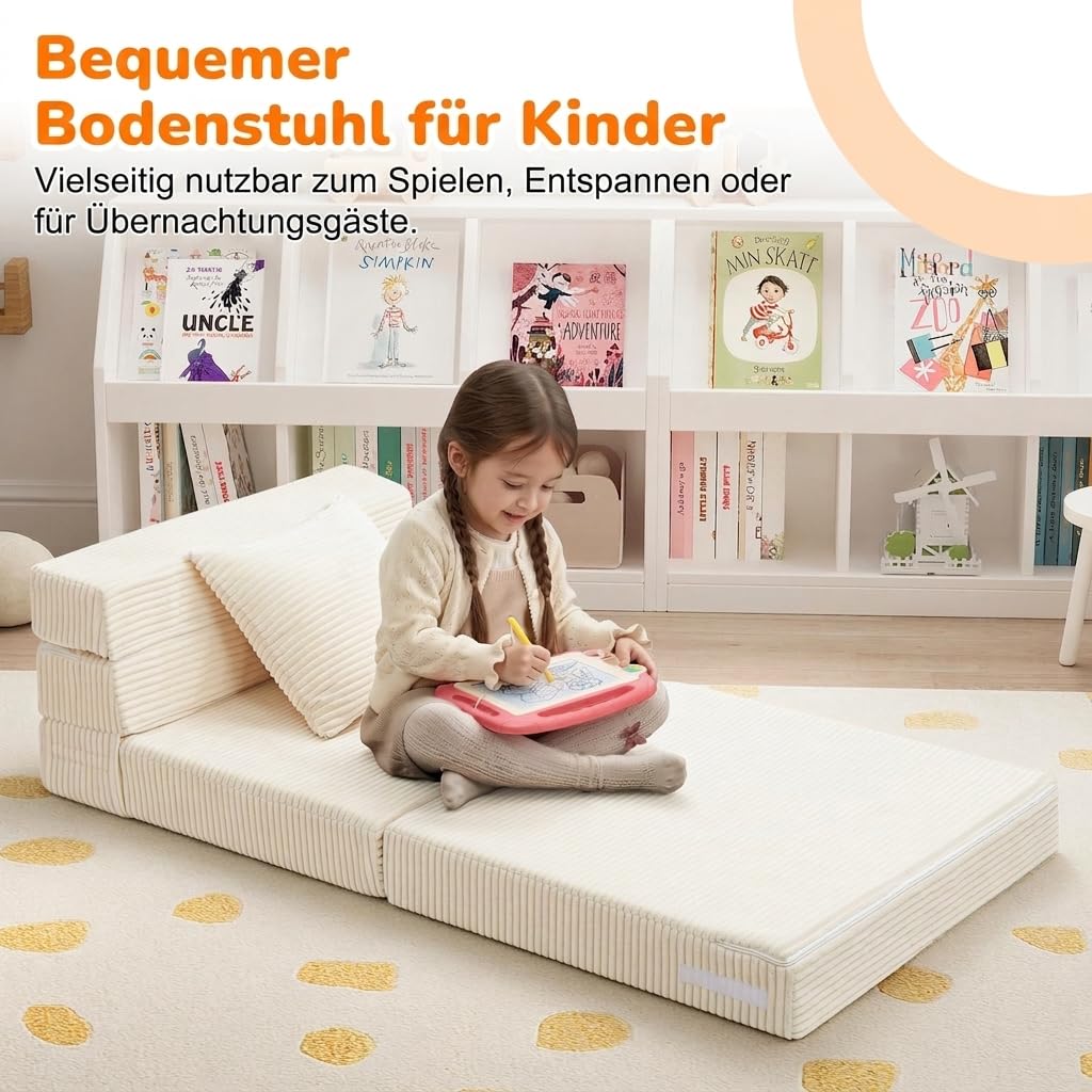 MeMoreCool Cord Spielsofa Kindersofa, Glow-Kinder Sofa, Kinder-Klappsofa, Flip-Sofa Kindercouch, Z-Bett, kindersofa ausklappbar, Bodenbett, Klappcouch für Spielzimmer, Beige