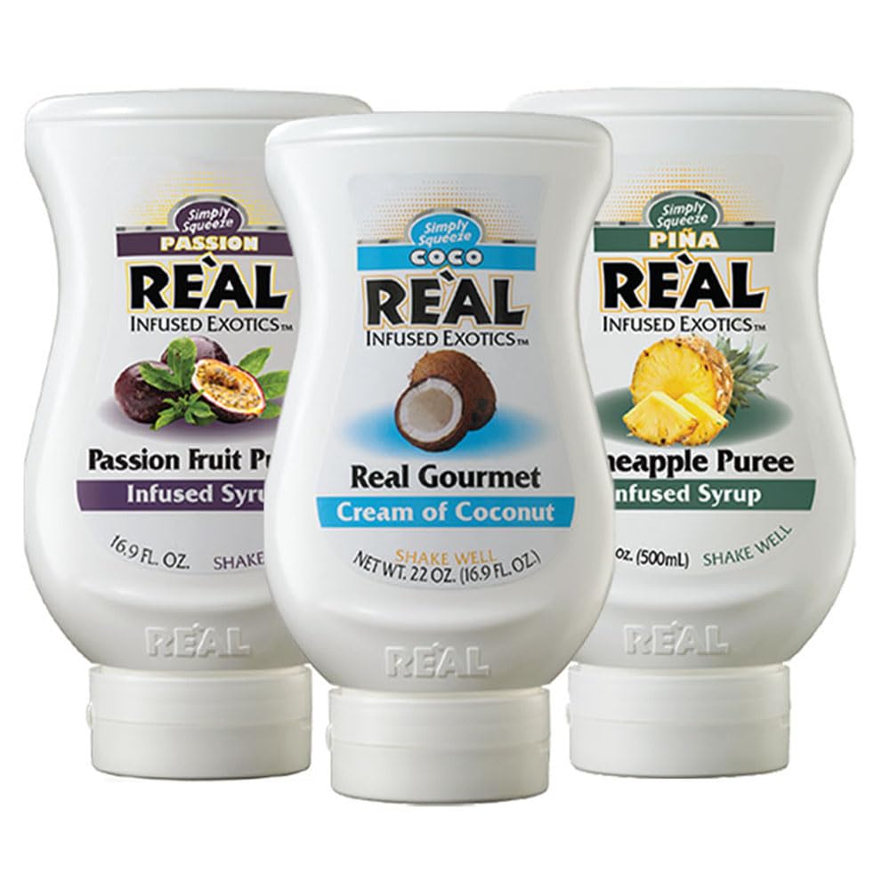 Reàl Infused Exotics Fun in the Sun Essentials Variety Pack: Cream of Coconut, Pineapple, and Passion Fruit (Pack of 3, 16.9 FL OZ Bottles)