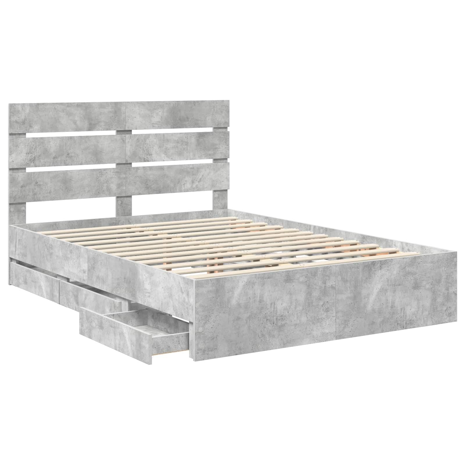 Cadre de lit avec tête de lit gris béton, 160 x 200 cm, en bois d'ingénieur, cadre de lit stable avec compartiments de rangement intégrés, moderne, pour un sommeil confortable