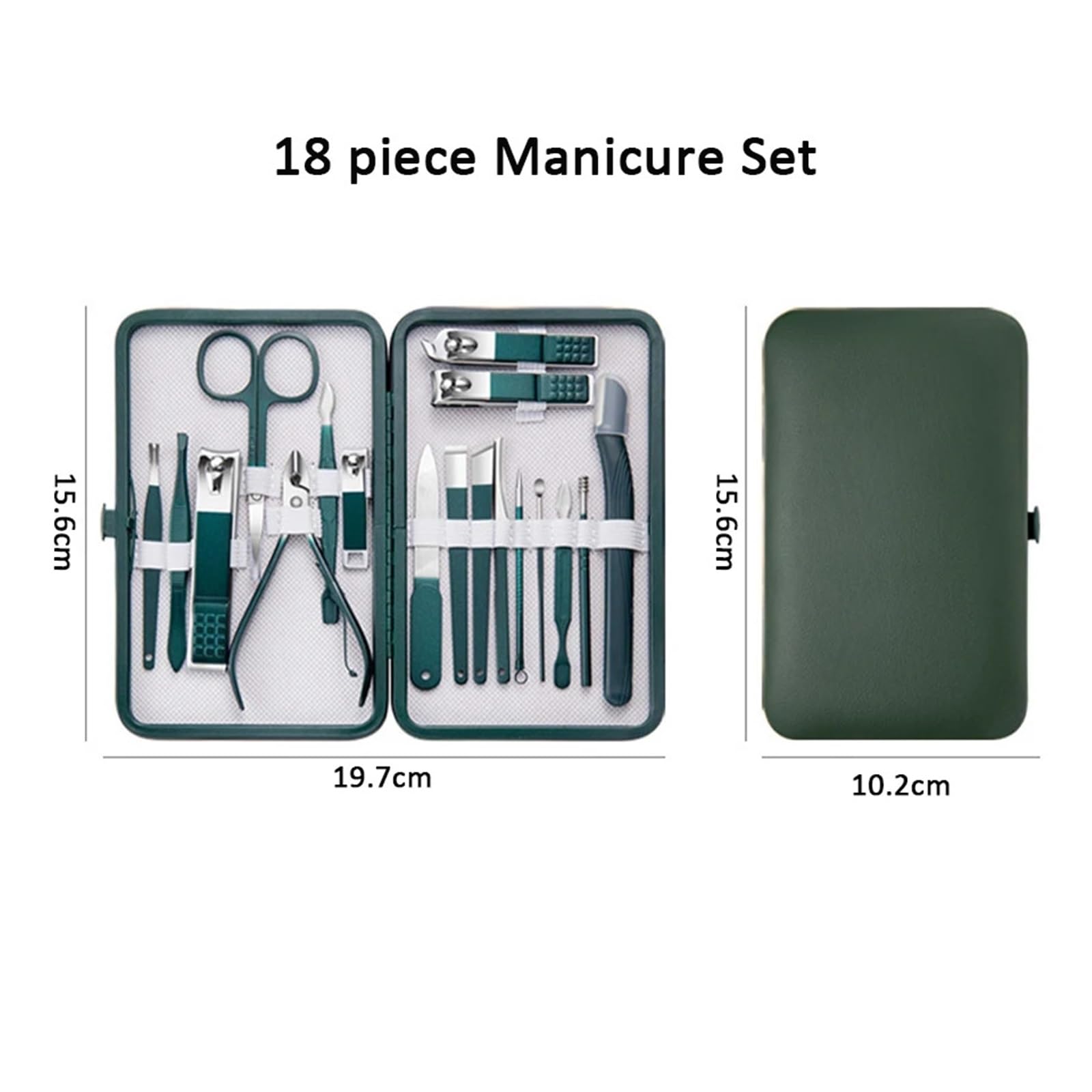 Juego de manicura 7 a 18 piezas, kit cortaúñas, herramientas cuidado acero inoxidable con estuche viaje cuero(Green 18 pcs set)