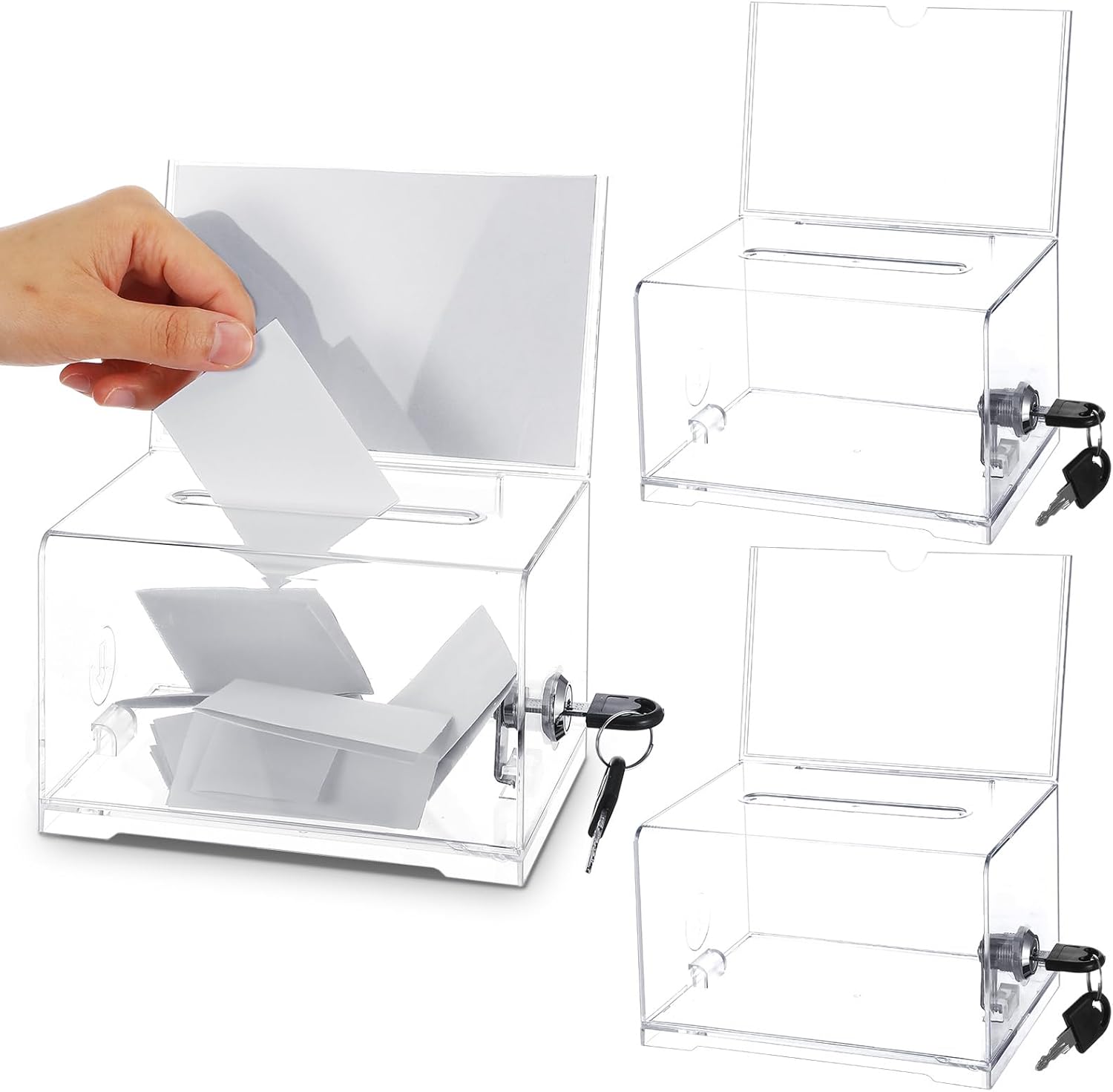 Lemecima 3 Pcs Acrylic Donation Box with Lock and Sign Holder Clear Ballot Donation Boxes with Slot for Fundraising Suggestion Box Storage Container for Voting, Raffle Bowl, Tip Jar