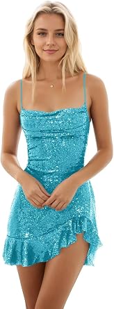 Spaghetti Straps Aqua Homecoming Dresses Short Sparkly Sequin Backless Cocktail Gown Prom Dresses for Women 2025 Size 0-CP