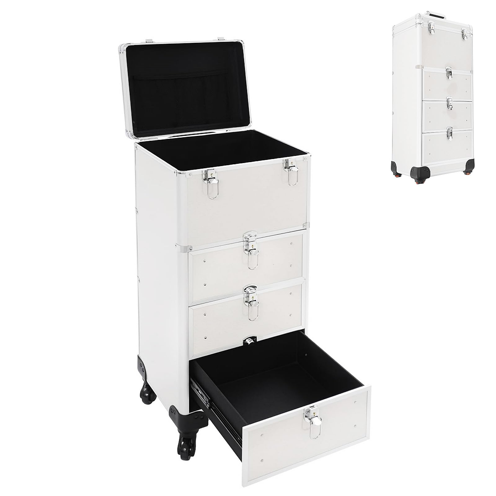 Kosmetikkoffer Trolley Professioneller Friseur Koffer mit 3 Schubladen, 6 Schlüssel, 4 Rollen Kosmetik Trolley Friseurkoffer Schminkkoffer Damen Make Up Koffer (Silber+Glänzend)
