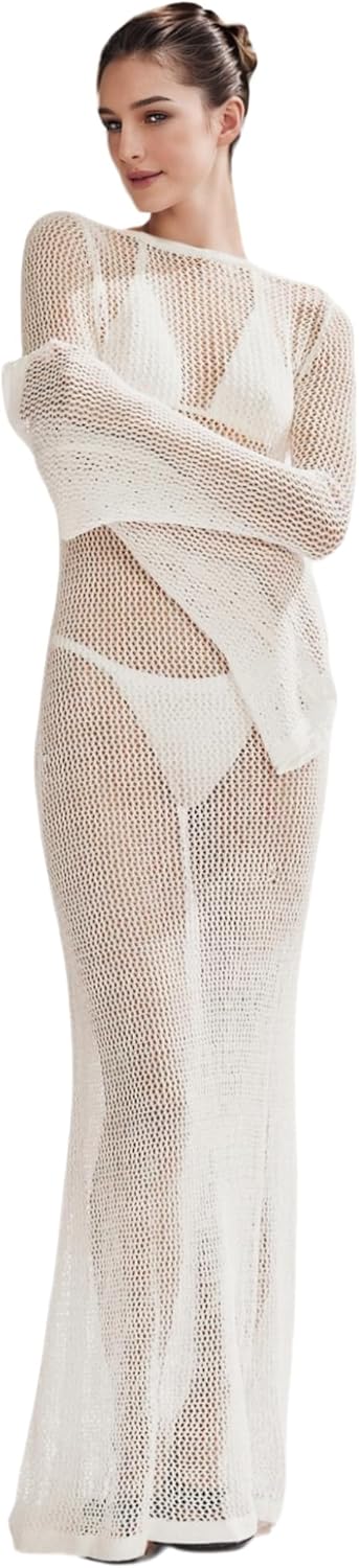 ZGMYC Women's Sexy Backless See Through Maxi Dress Bathing Suit Cover Up Knit Flared Long Sleeve Beach Dress Bikini Coverups