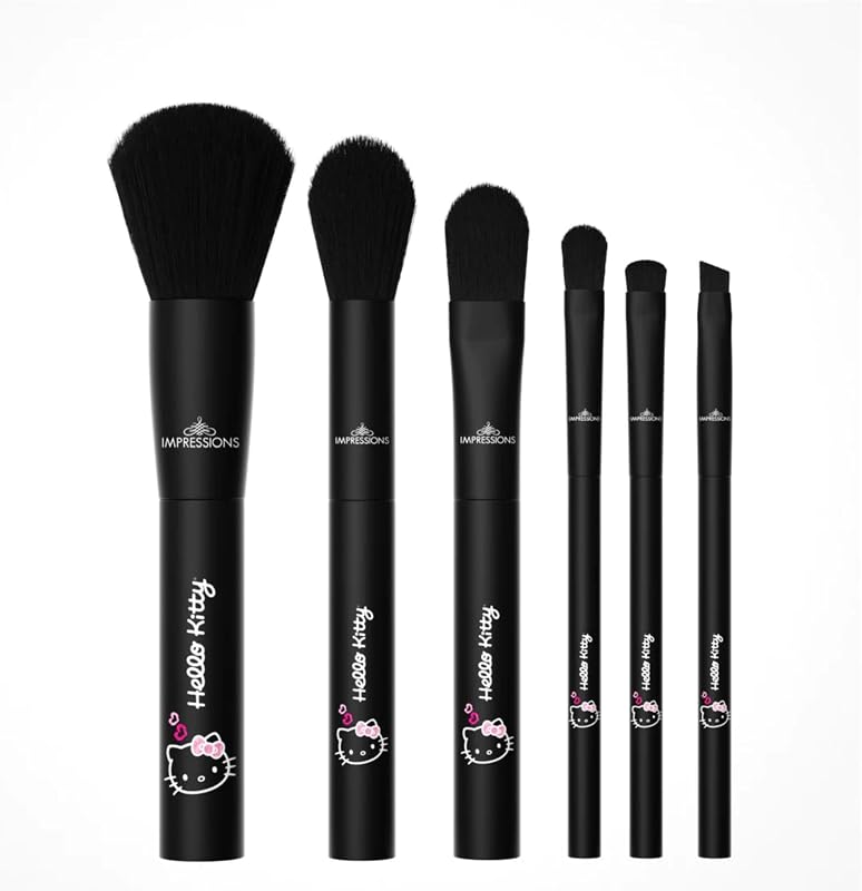 Impressions Vanity Juego de 6 brochas de maquillaje Hello Kitty Just Slay, brochas suaves súper lindas para base, polvo facial, mezcla de maquillaje, sombra de ojos y aplicación de delineador (negro)
