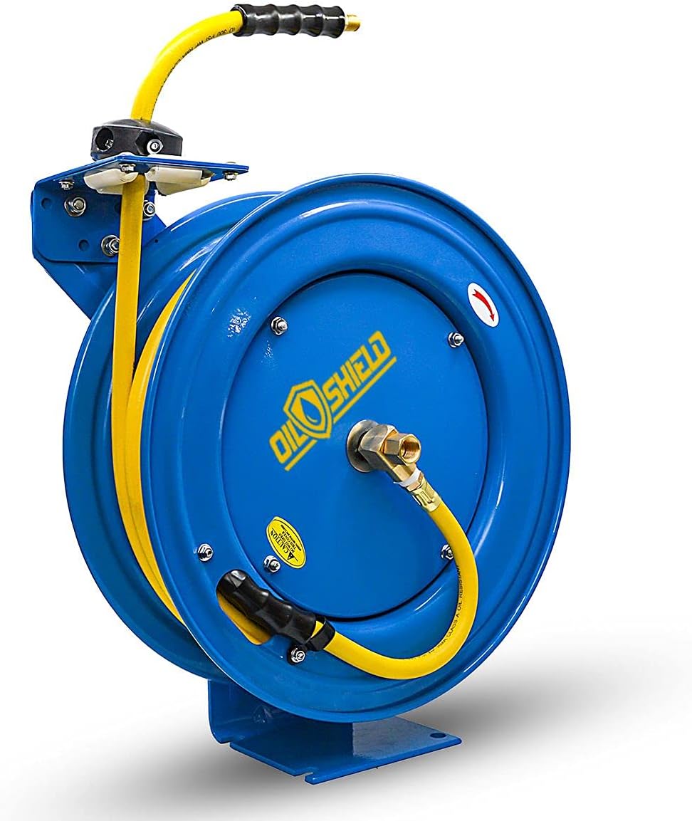 OIL SHIELD OSR3875 20 ga. Retractable Hose Reel with 3/8" x 75' Air Hose, 3' Lead-in Hose, Next-Gen Ultra-Light and Super Strong Rubber, 12 Point Ratchet System