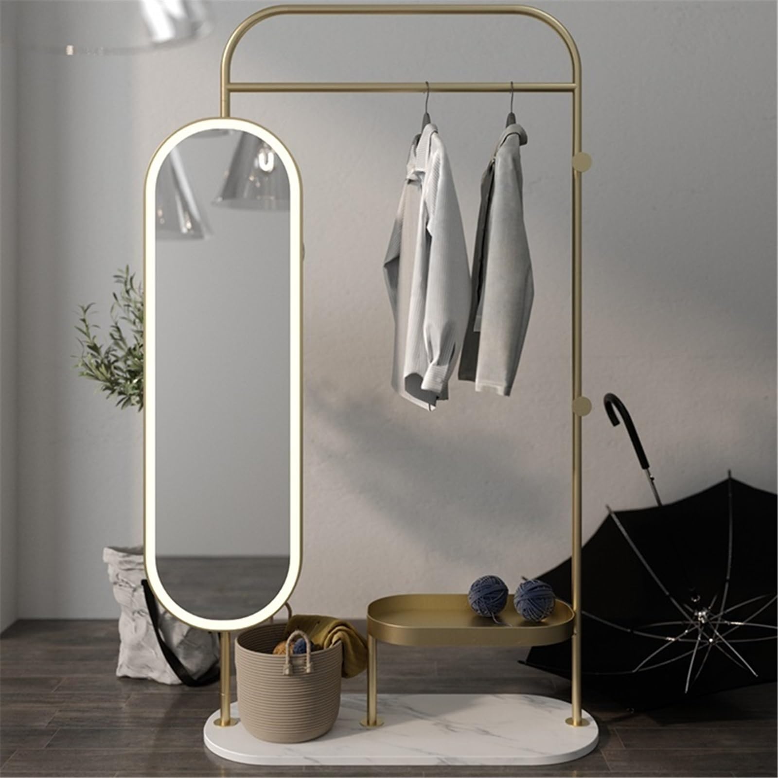Freistehend Luxuriöser Marmor-Garderobenständer, Ganzkörperspiegel, multifunktionaler minimalistischer Standspiegel