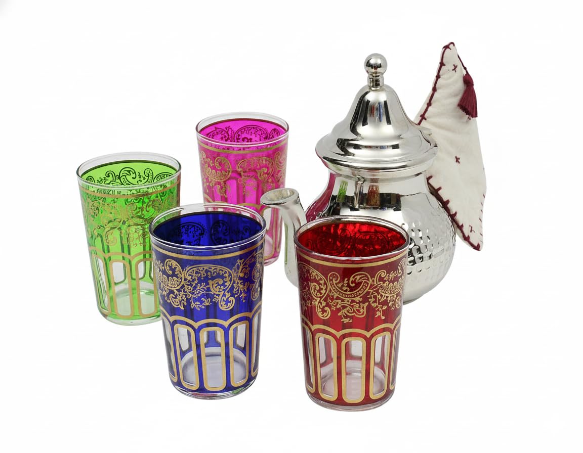 Service à thé martelé marocain moyen : théière argentée avec filtre intégré et porte-théière, 4 verres à thé multicolores, fait main au Maroc, service à thé à la menthe