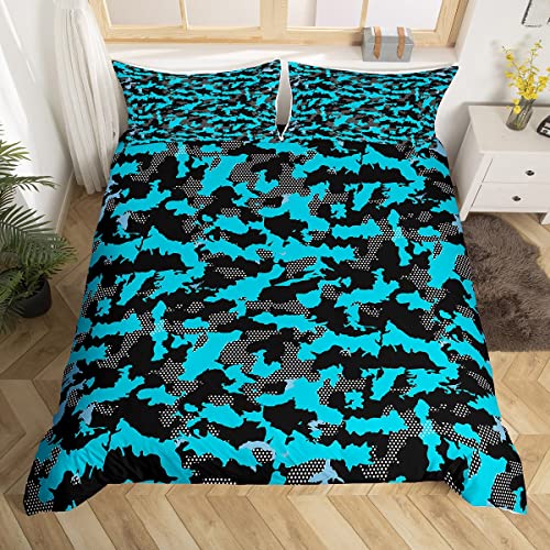 Kids Boys Camo Bedding Set Army Camouflage Comforter Cover for Girls Teens Youth Man Colorful Art Duvet Cover Black Teal 3Pcs King Size