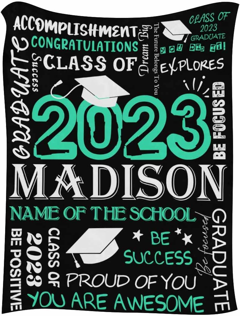 LOSARON Custom Name Class of 2023 Graduation Blanket Congratulations Class of 2023 Green Black Personalized Throws Warm Cozy Bedding Blankets for Kids Teens 70x80
