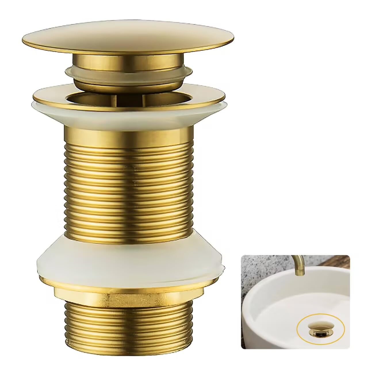 Wjelet Brushed Gold Pop Up Basin Waste Without Overflow, 1 1/4" Click Clack Sink Plug for Bathroom, Slotted Push Button Waste for for Bathroom Basins and Vessel Sinks (Brass/Gold)