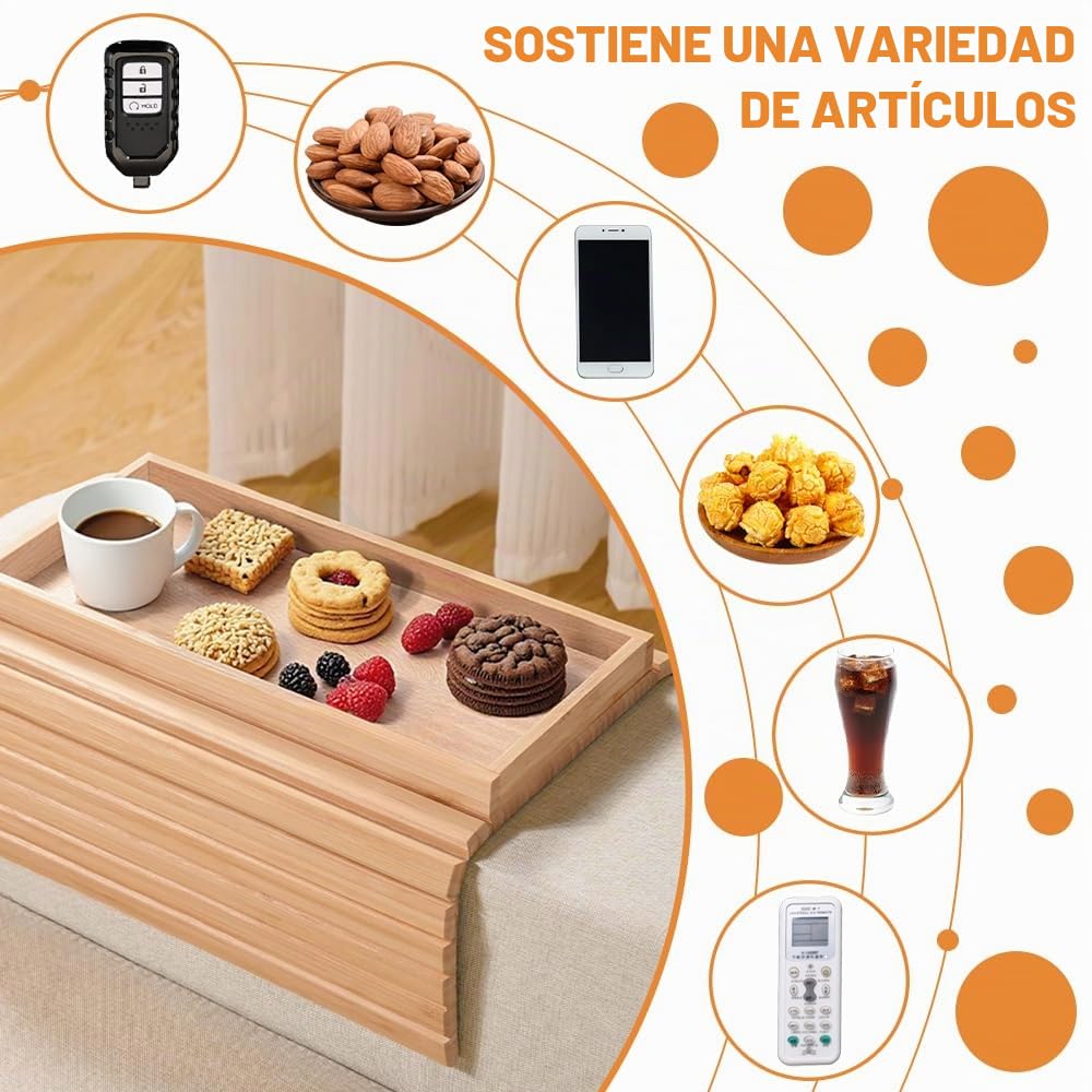 Bandeja para apoyabrazos de sofá Lighterday, bandeja de bambú plegable para sofá, bandeja antideslizante para apoyabrazos de sofá, bandeja para sillón para snacks, teléfono, bebidas y tazas