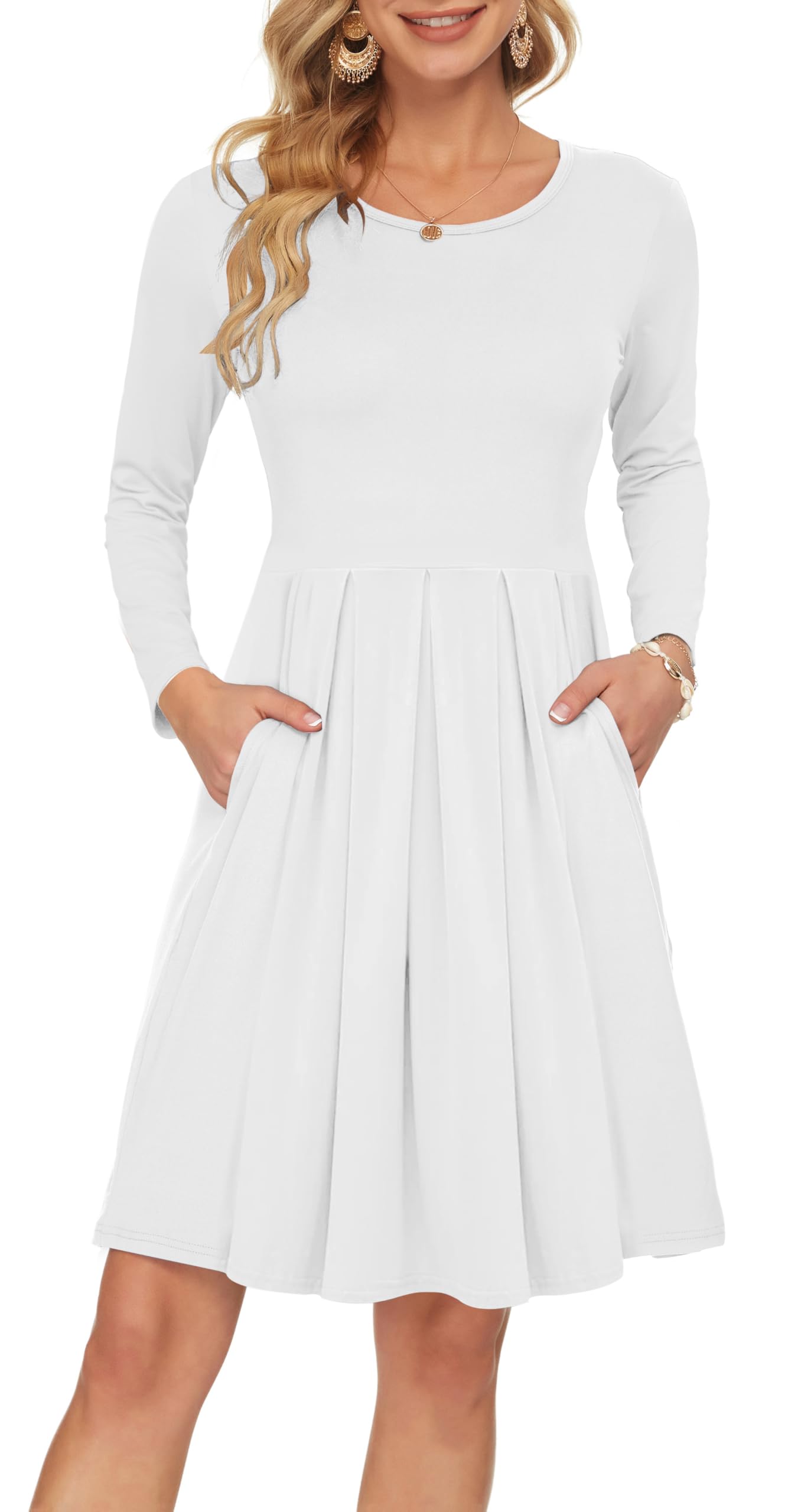 Auselily Women's White Long Sleeve Pleated Loose Swing Casual Dress With Pockets Knee Length Xxl