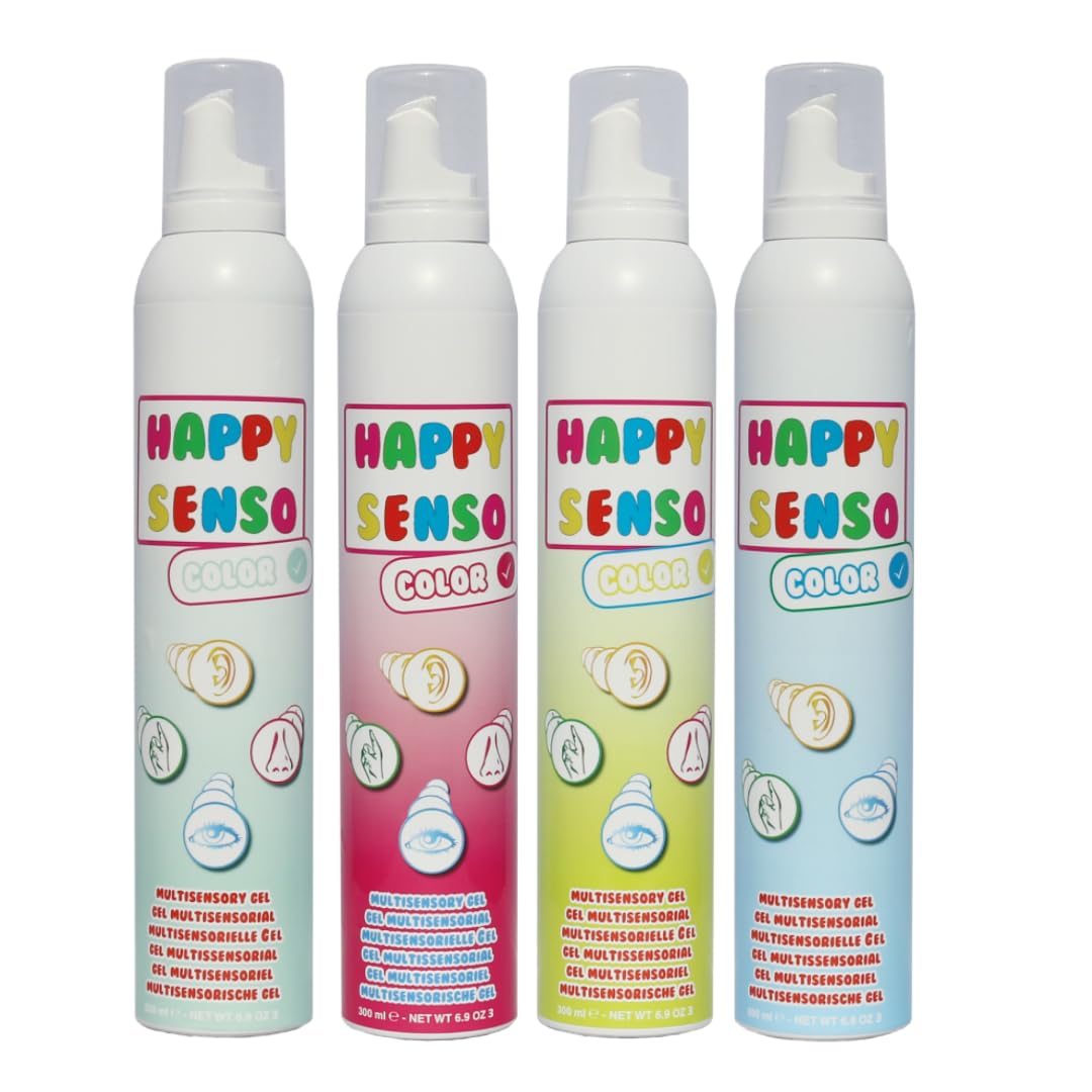 Gel sensorial Happy Senso Artist con propiedades multisensoriales – 300 ml en diferentes colores y fragancias – escuchar, sentir, ver y oler en un juego completo de 4 unidades