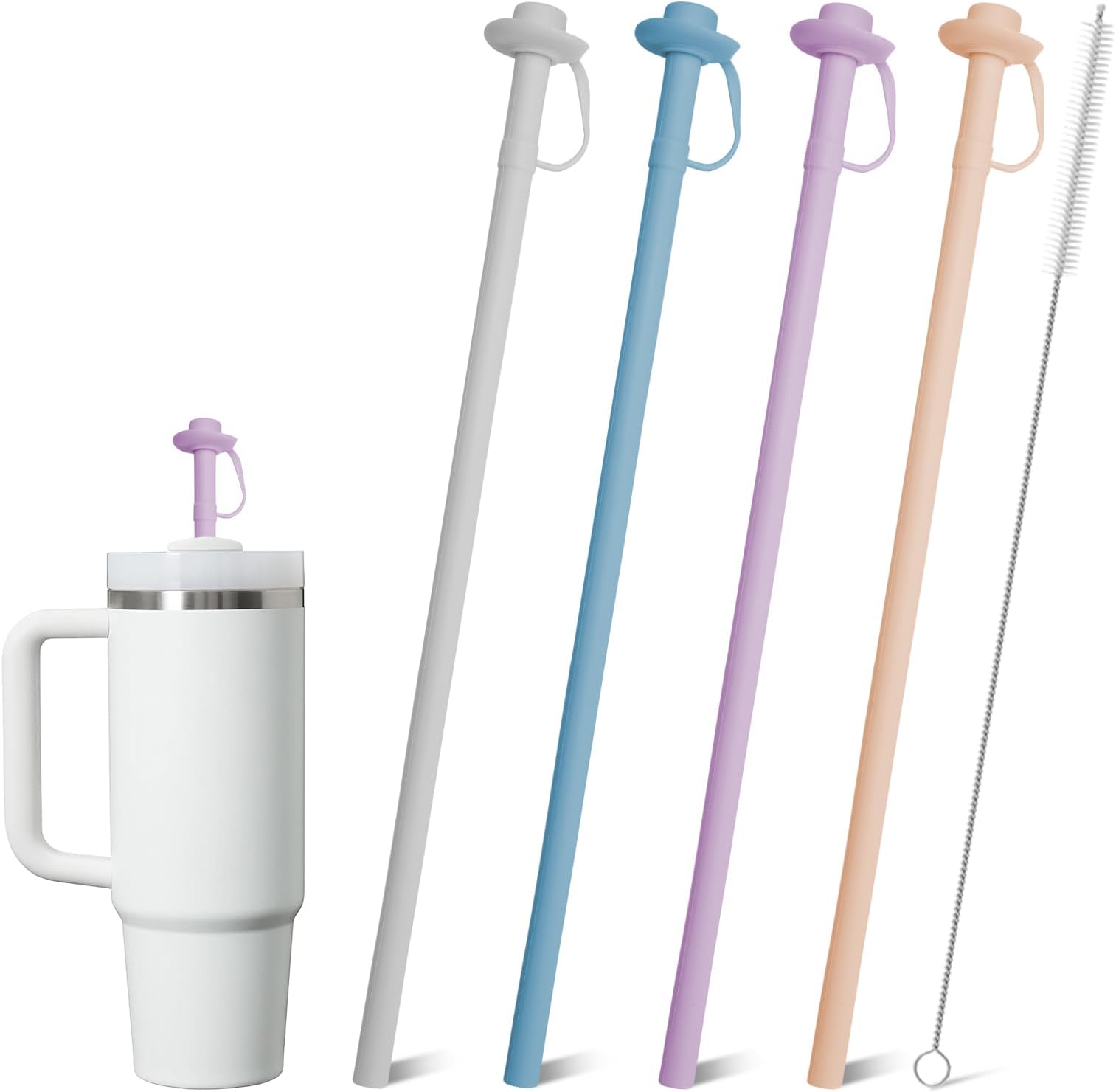 4 Pack Reusable Silicone Straws for Stanley Cups 20oz 30oz 40oz, 12” Long Drinking Straws with Built-In Cowboy-Style Straw Top, Bite-Safe, Trim-to-Fit, Includes Cleaning Brush