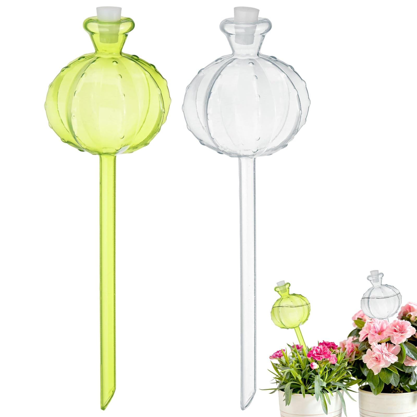 M METERXITY 2-Pack Plant Watering Globes, 9.8 Inch Plastic Self Watering Planter Insert with 2 Stoppers for Indoor/Outdoor Plants, Self Water Devices [Green/Transparent]