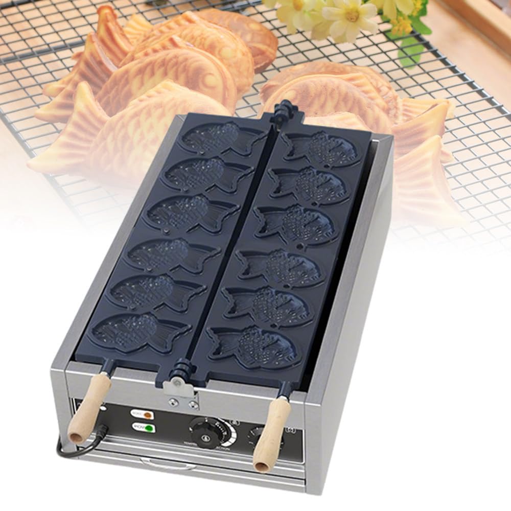 ShaiVrissian Stainless Steel Electric Taiyaki Baker,Hot Dog Muffin Machine,Crumble Catch Tray,Temperature and Time Control,For Family,Snacks,Food Stores,Restaurants