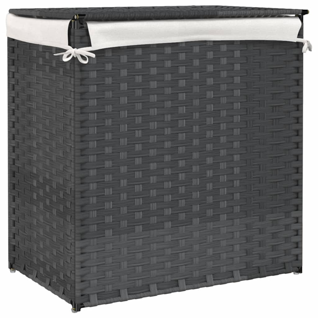 Cesto portabiancheria a 2 scomparti in polyrattan grigio, 53 x 35 x 57 cm, pieghevole con coperchio e maniglia per il trasporto, per biancheria sporca in bagno e lavanderia