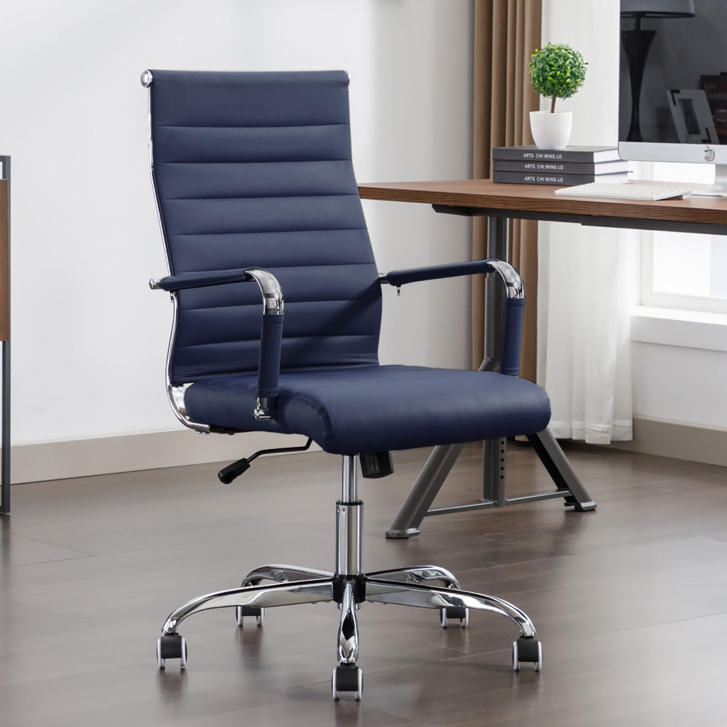 Office Desk Chair Leather, Conference Room Chairs with Wheels, Executive Modern High Back Ergonomic Swivel Rolling Ribbed Computer Chair