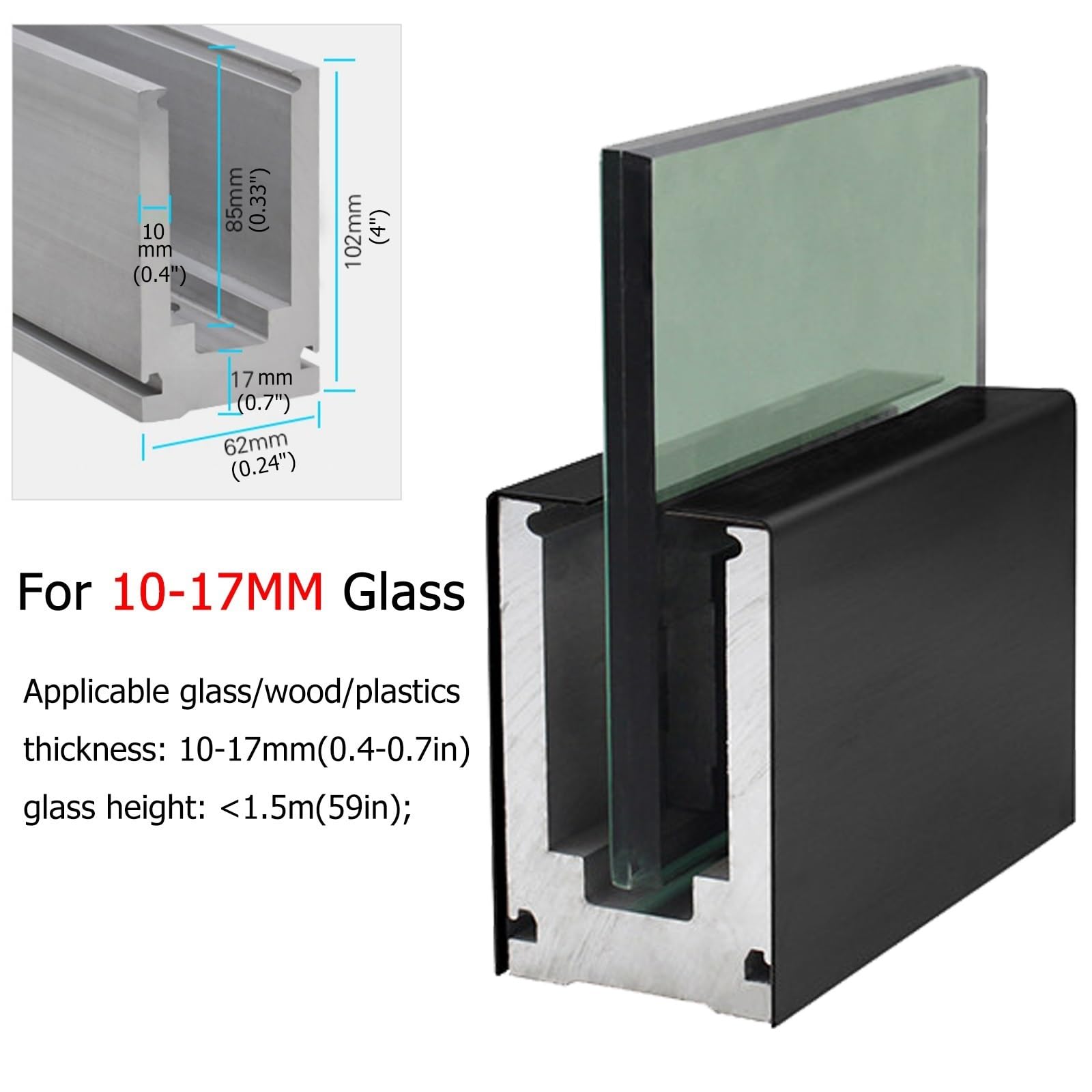 ZAQYCM Glasklemme Rahmenloses Glas Aluminium Deckgeländer 1m Länge, Glasgeländer U Profil Basis Mit Beschlägen Für Balkon Innenloft Treppen Und Kommerzielles Hotel(for 1/2in(12mm) Glass,Floor Mount)