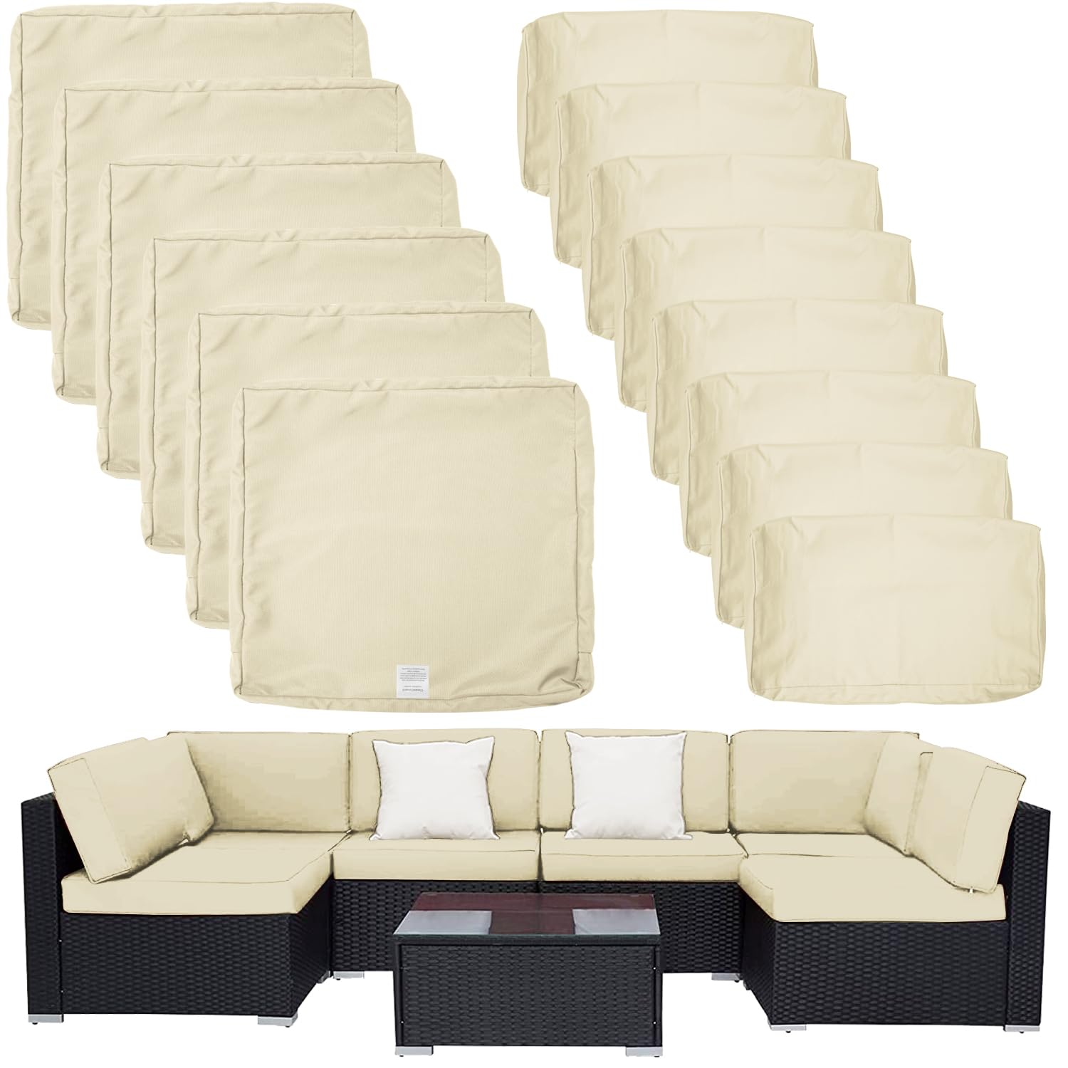 ClawsCover 14Pack Outdoor Patio Seat Cushions Back Pillows Replacement Covers Fit for 7 Pieces 6-Seater Wicker Rattan Sectional Couch Chair Furniture Set,Sand-Covers Only