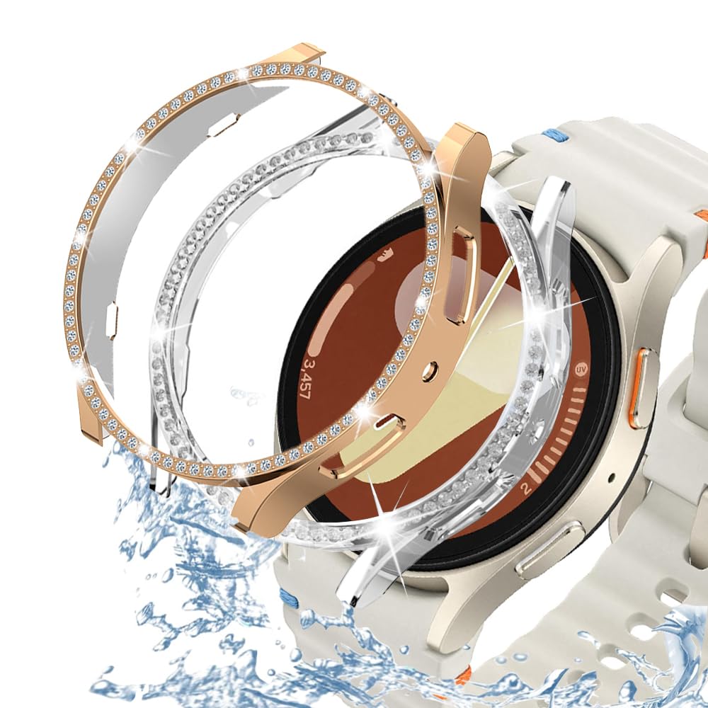 DEALELE [2-PACK] Case Compatible with Samsung Galaxy Watch 5/4 44mm, Bling Single-Row Diamond PC Protective Case Replacement Watch Cover Bumper (44mm, Gold+Transparent) — view 247