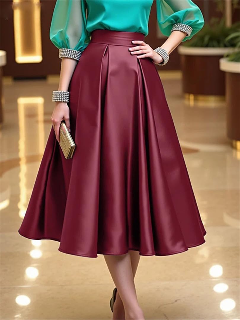 Women's Elegant Satin Midi Skirt High Waist Party A-Line Work Skirt Solid Summer Skirt