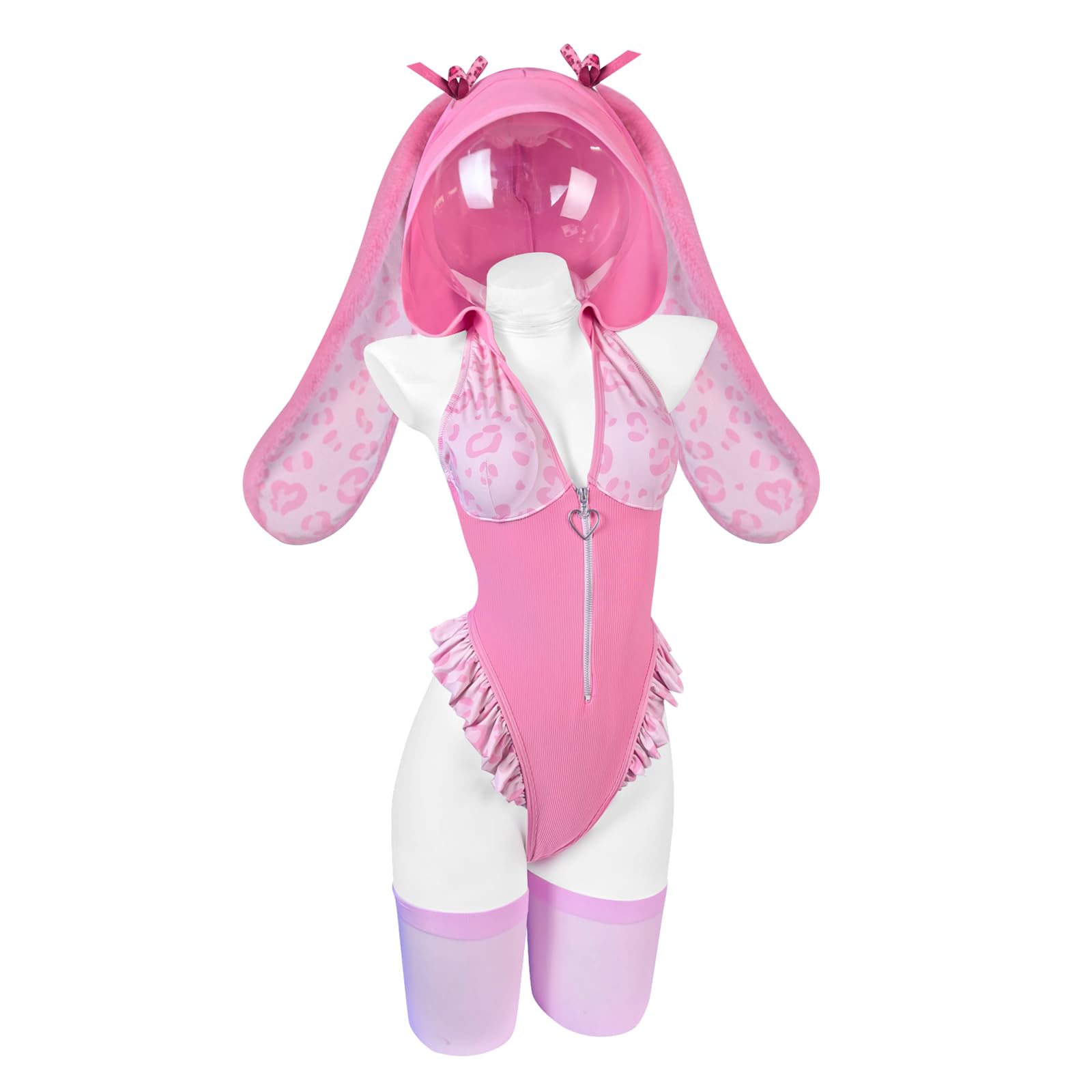KORURACLUB Sexy Leopard Bunny Outfit Lingerie Bodysuit Leopard Pattern Bikini Animal Costume(Ssleeveless Pink,L-XL)