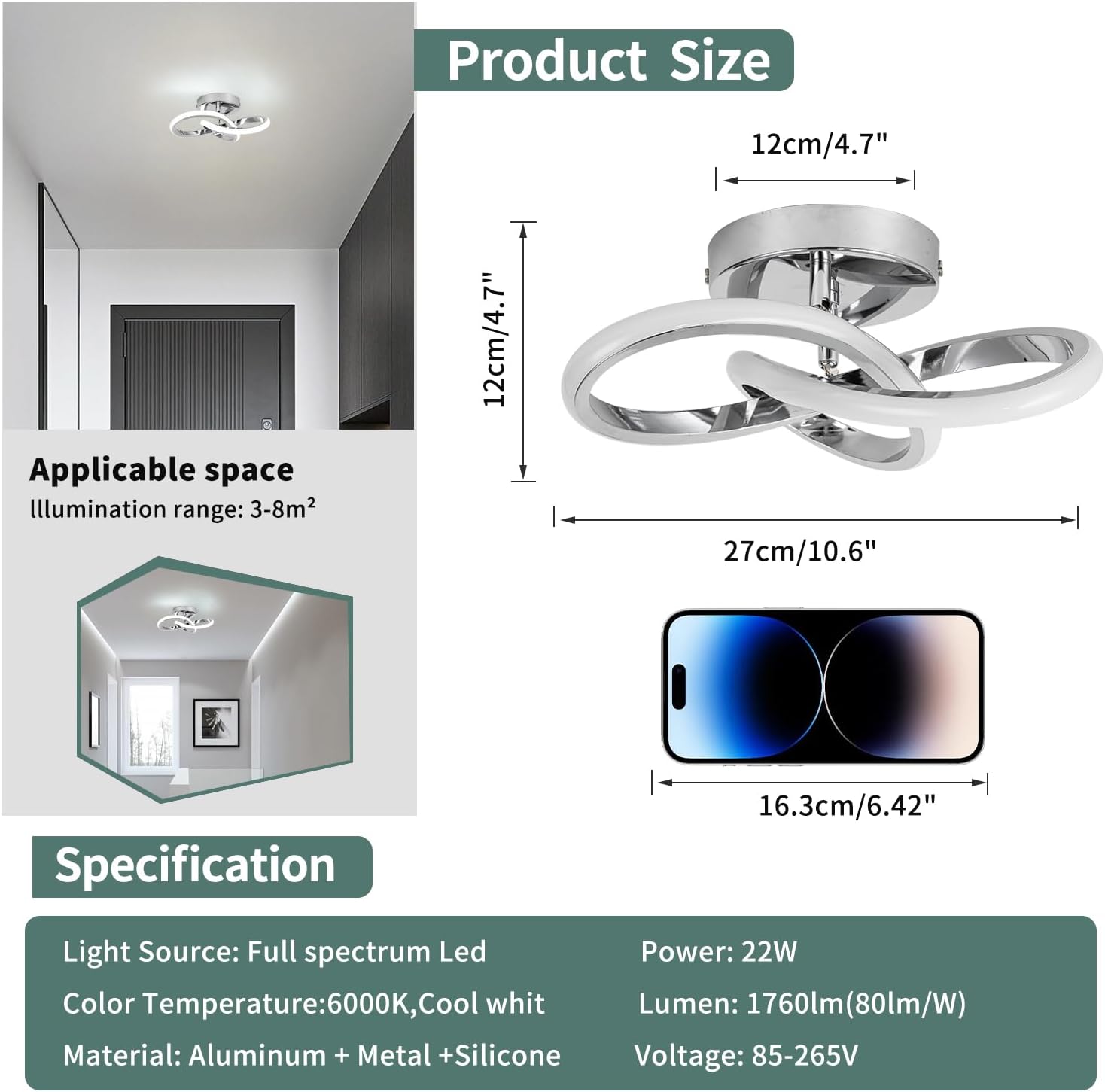 Modern Minimalist LED Ceiling Light Design, Suitable for Corridor entrances, Halls, Stairs, entrances, Balconies, garages, cloakrooms, Storage Rooms, Bohemian Style (Chrome)